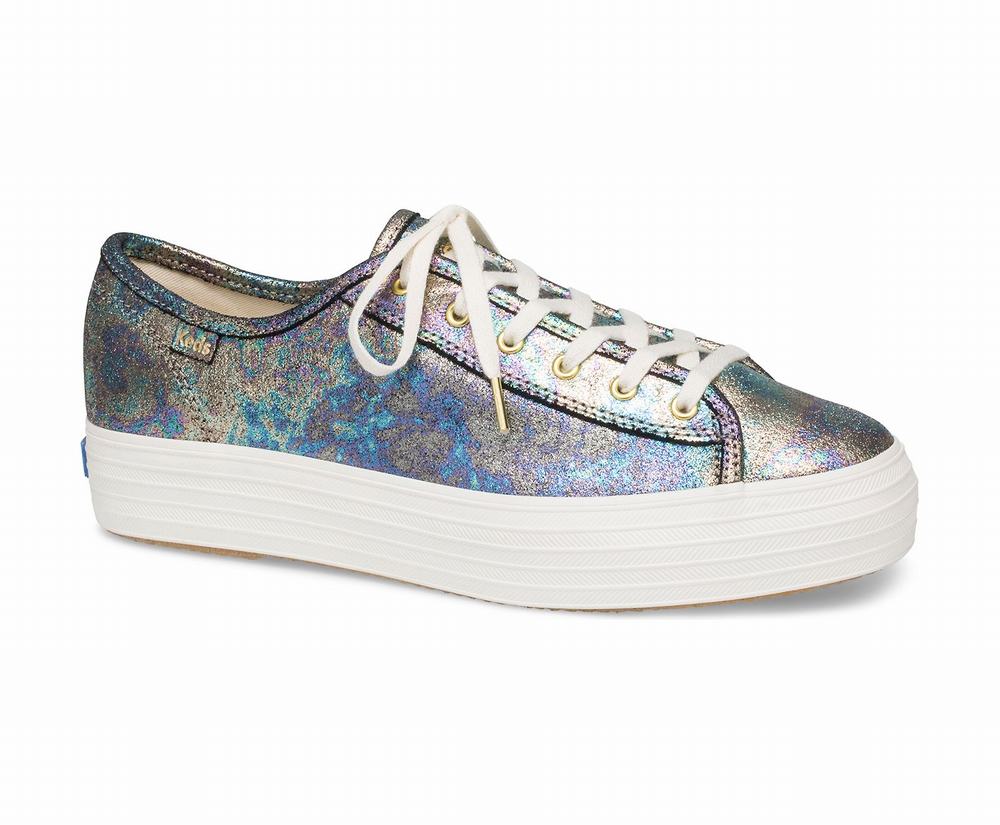 Women's Keds Triple Kick Oil Slick Leather Platform Shoes Navy Multicolor 5348297JO - South Africa